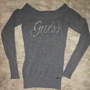 Guess Gray Off-Shoulder Sweater with Crystal Logo